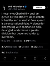 Screenshot from Mickelson's X post about Kirk's death / Source: @PhilMickelson on X